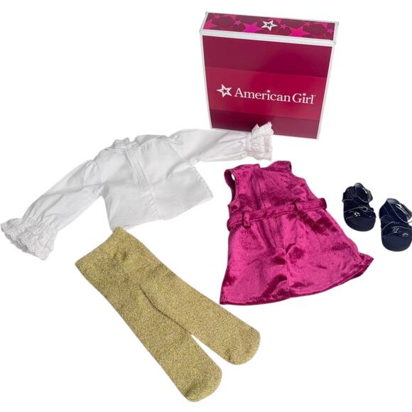 American Girl Julie Christmas Dress Holiday Velvet Gold Tights Shoes Blouse Box - Picture 3 of 9
